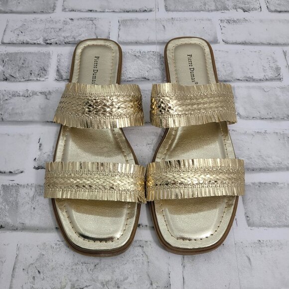 Pierre Dumas Shoes - Pierre Dumas Empress Metallic Gold Woven Fringe Two Strap Flat Sandal Size 8.5